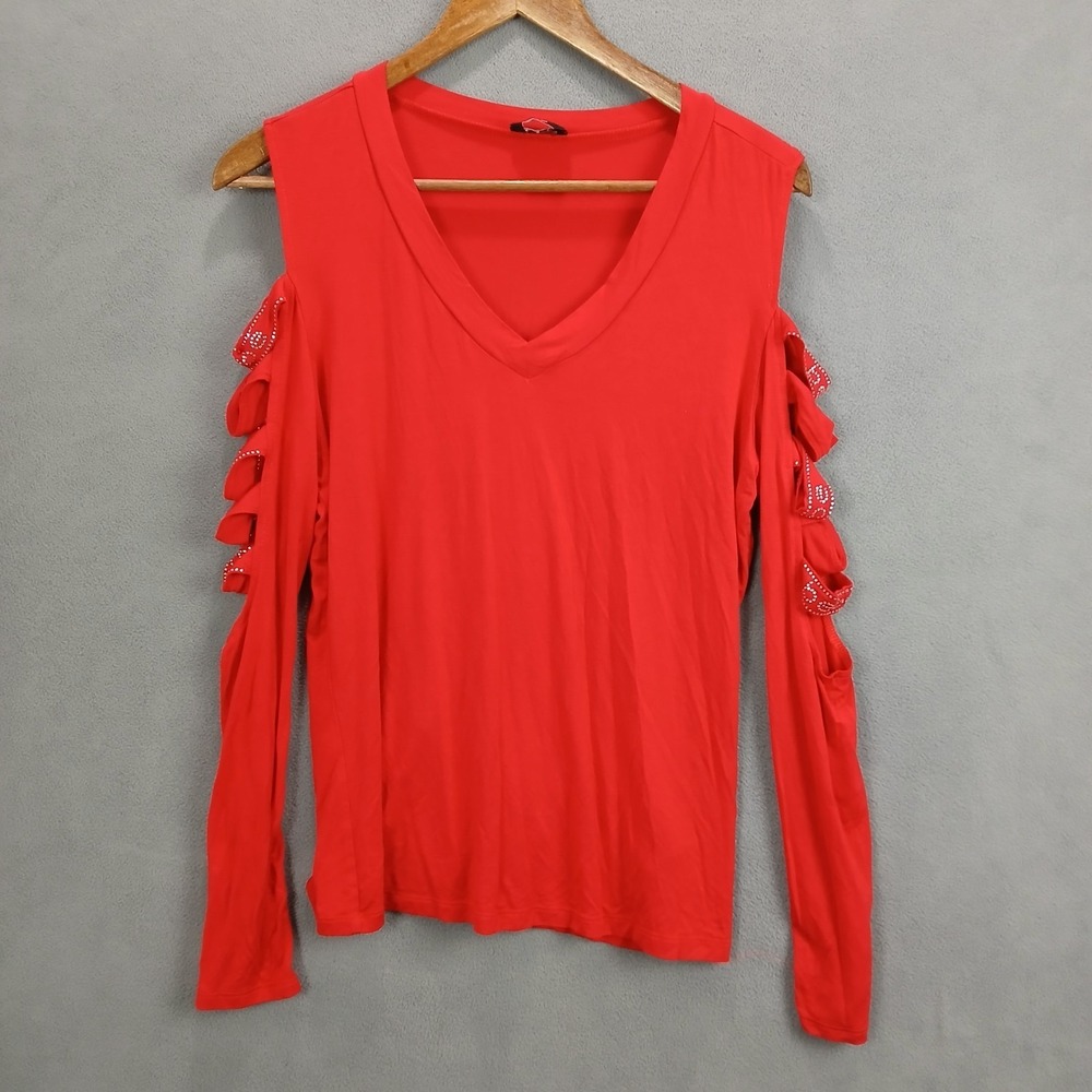Bebe Blouse Top Womens Large Red Rhinestone Cold Shoulder Cutouts V Neck Casual